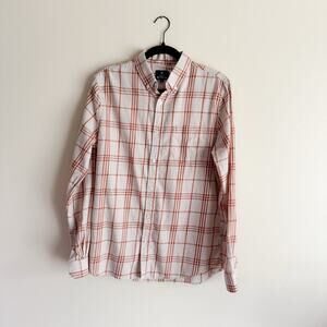 Ben Sherman Tan + Red Monroe Poplin Plaid Button Down Cotton Shirt Medium